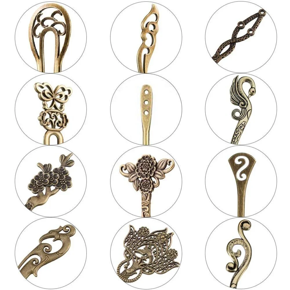 24 Pieces Chinese Women Hair Sticks, 12 Styles Vintage Bronze Decorative Hair Pi